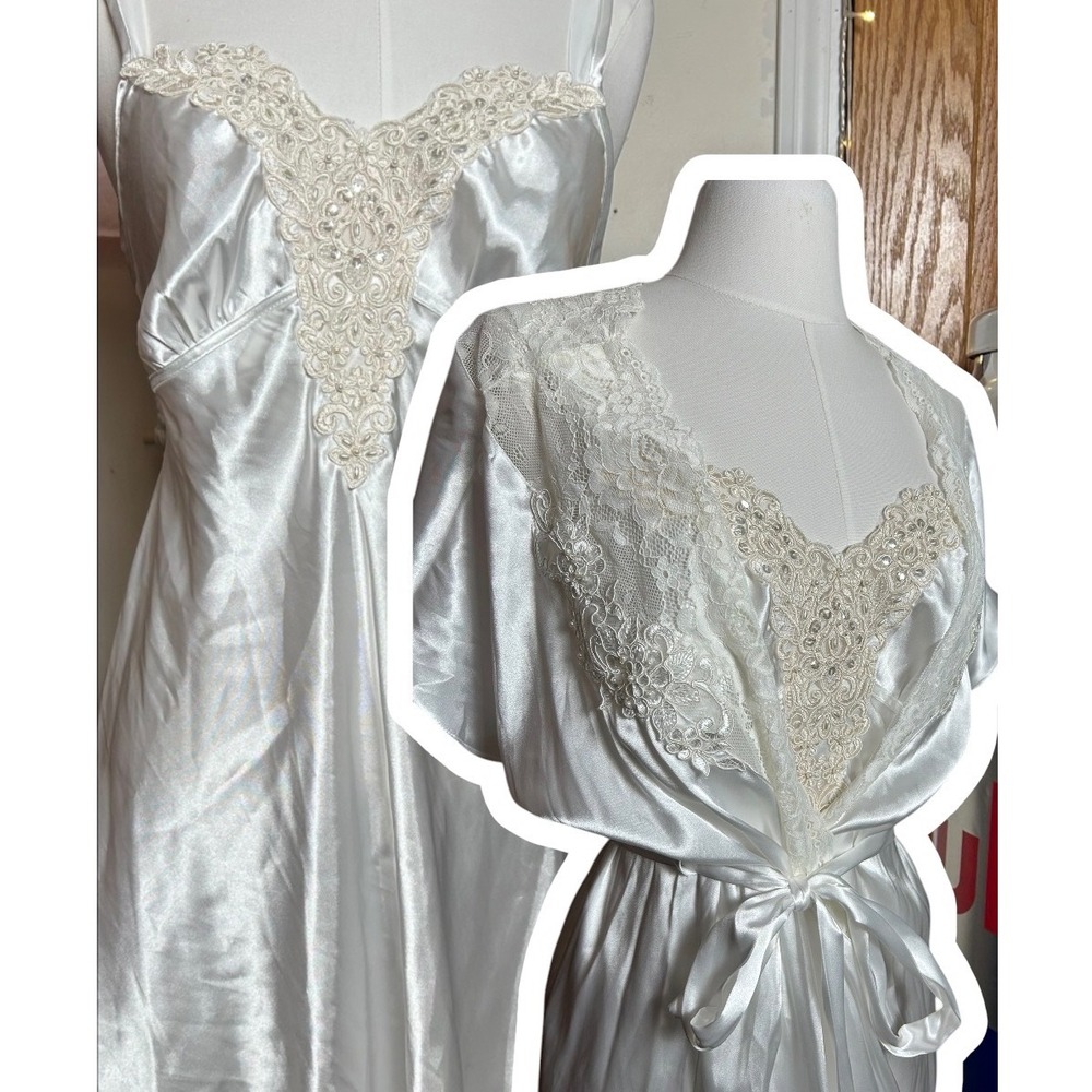 Linea Donatella White Satin Lace Beaded Mini Dress Robe Set Bridal VTG‎ S/M